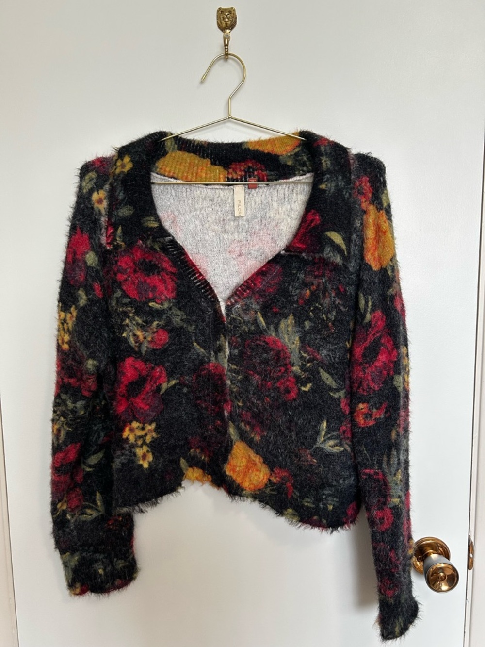Pilcro Anthropologie Fuzzy V-Neck Cardigan - Black with Red & Mustard Flowers